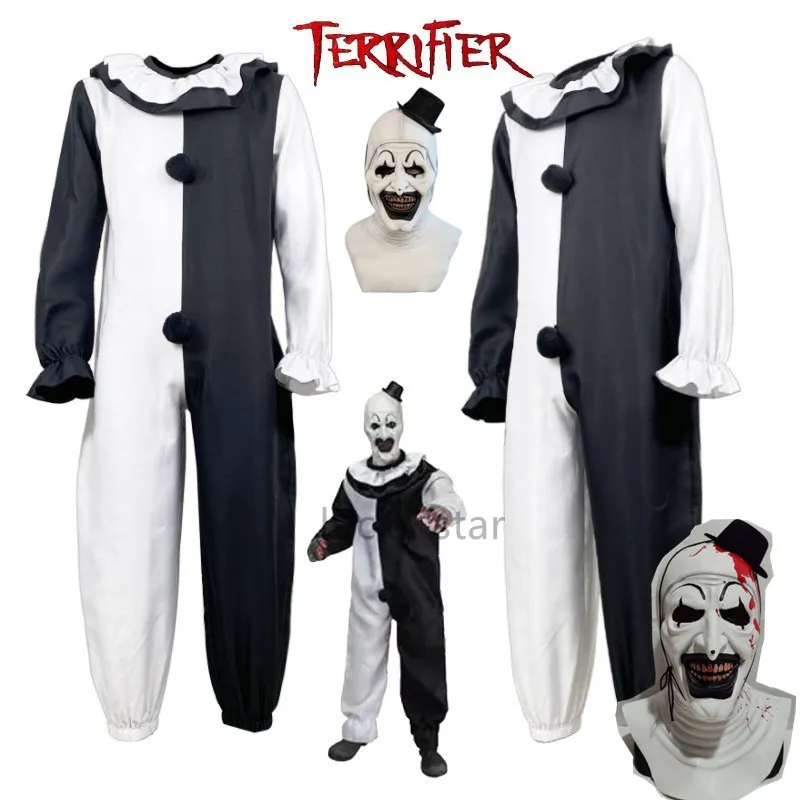 O traje de cosplay palhaço para homens e mulheres, filme terrifier 2, macacão halloween, máscara