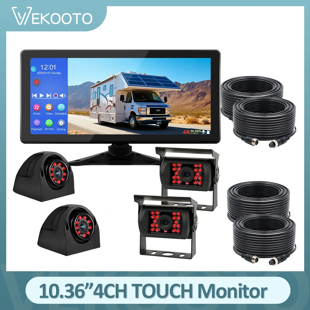 

4K RV Backup Camera System 10.36" DVR Quad 4 Split Touchable Monitor with Bluetooth MP4 DVR FM Night Vision View Camera for RV