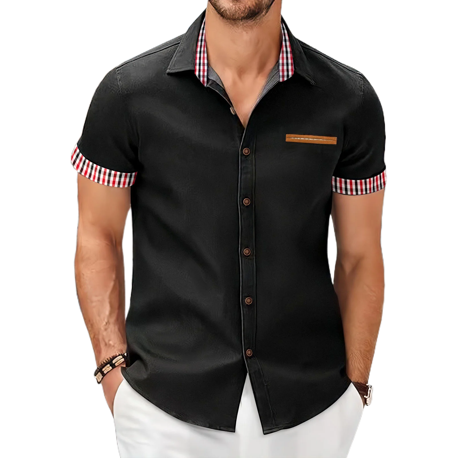 Men Summer Checkered Short Sleeve Shirt Business Slim Fit Casual Shirts Outdoor Fishing Travel Breathable Formal Daily Blouse