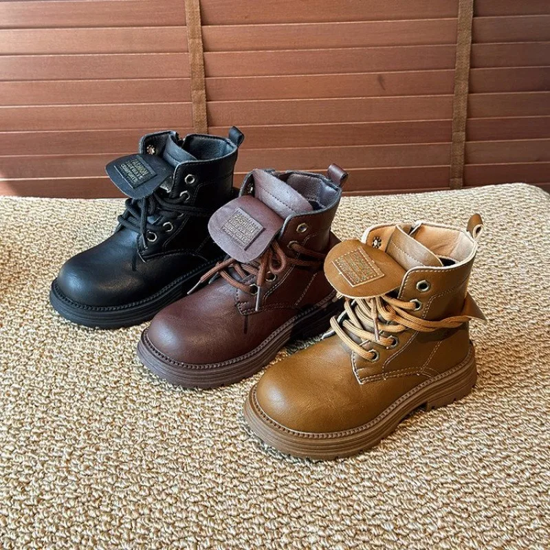 Girls' Short Boots  Autumn/Winter New Style Boys' British Style Letter Flanged Leather Boots Girls' Retro Fashion Single Boots