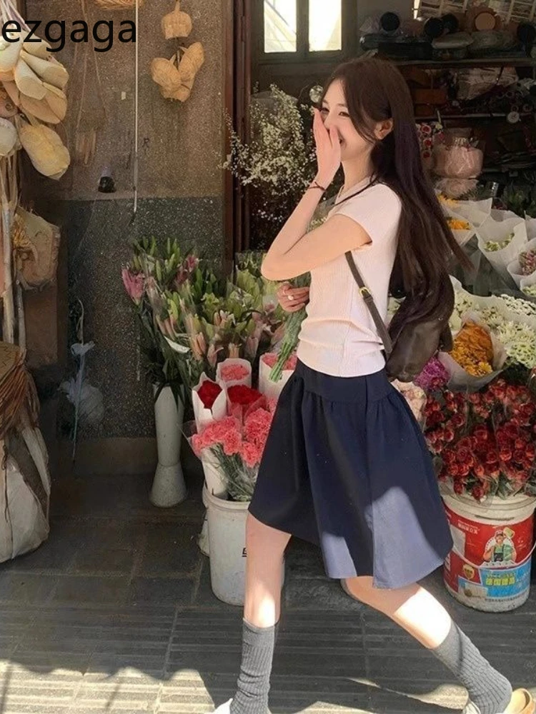 

Ezgaga Skirts Women High Waist Vintage Solid Summer 2025 New Fashion Elegant Loose Temperament Skirt Female Casual Chic