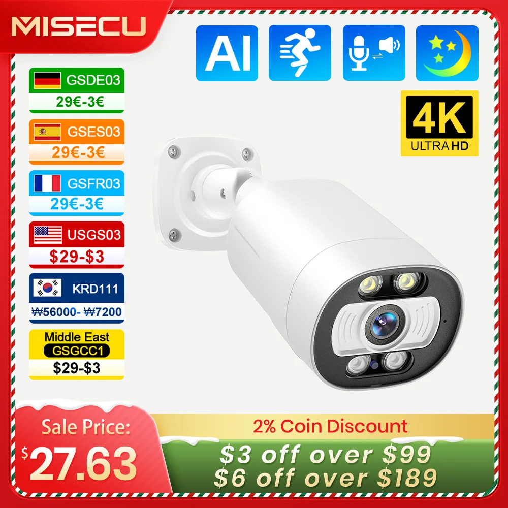 MISECU 4K POE Security Camera 8MP 5MP Outdoor CCTV Camera Two Way Audio Full Color Night Vision Home Security Protection