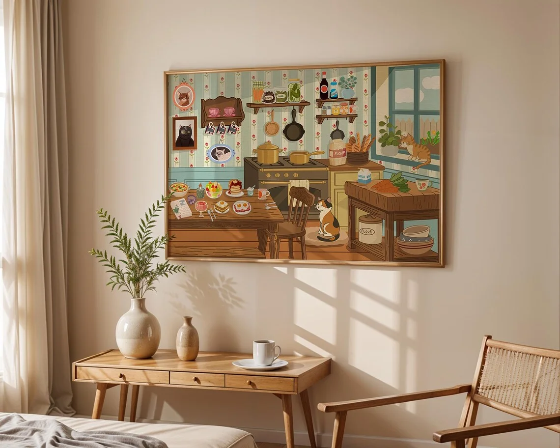 Vintage Cat Kitchen Art Print, Cozy Cottagecore Wall Art, Retro Kitchen Decor with Calico Cats, Rustic Farmhouse Food