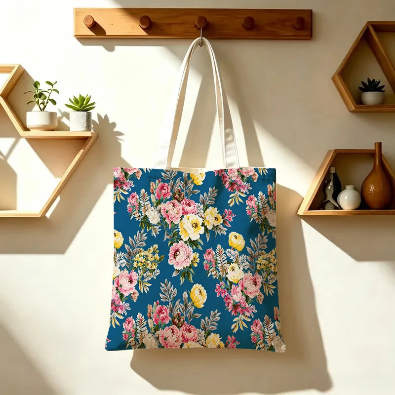 Pastoral Style Large Capacity Tote Bag All Over Pink Yellow Floral Print Lightweight Casual Shopping Bag Women Girls Daily Use