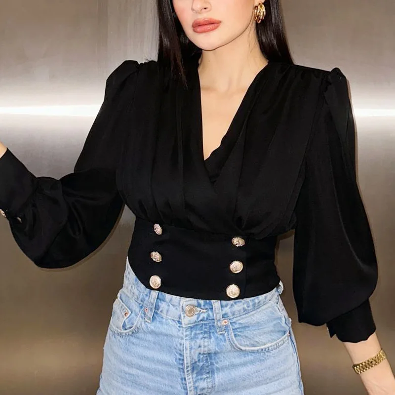 Casual Deep V Neck Solid Shirt Blouse Office Lady Fashion Elegant Long Sleeve Waist button Blouses For Women 2023 White Tops