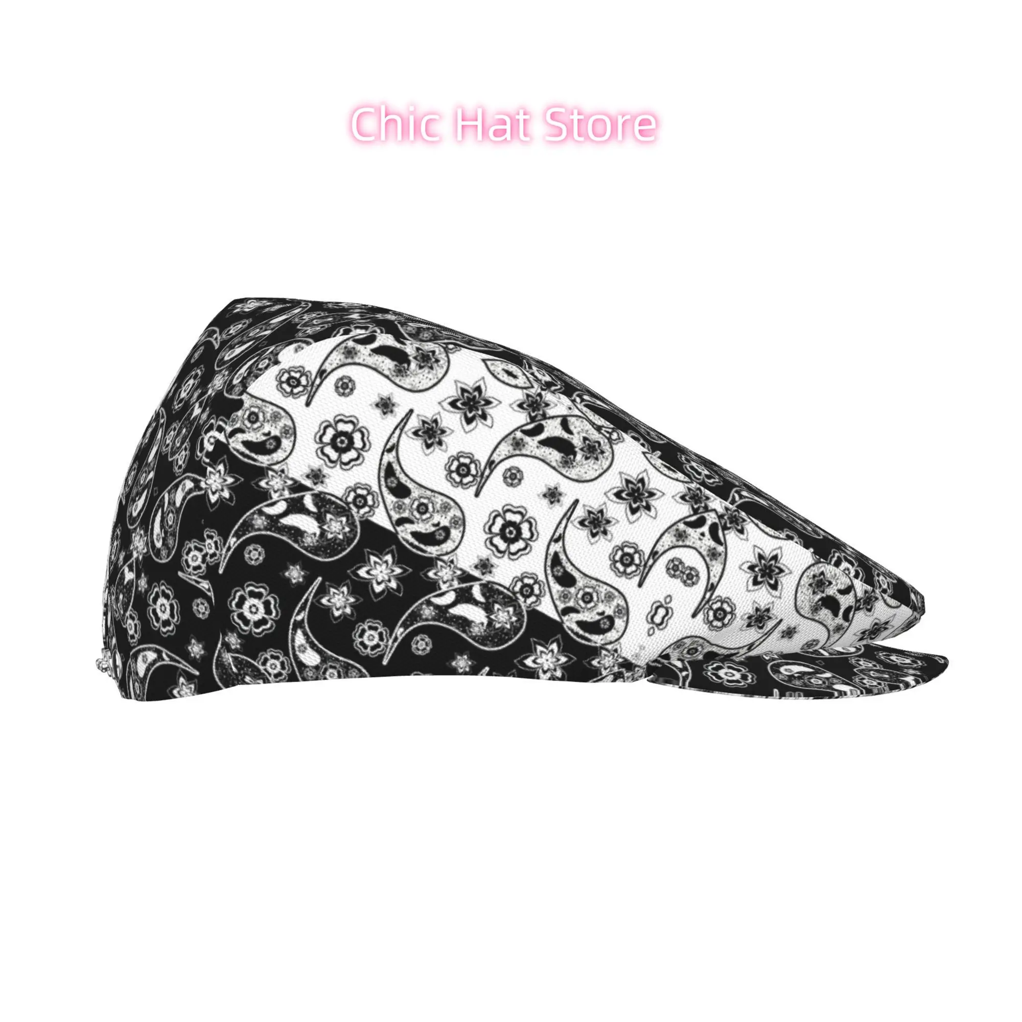 1pc Men's & Women's Black White Paisley All-Over Print Flat-Top Hat - Vintage Irish Newsboy, Beret, Driver with Metal Buckle Clo