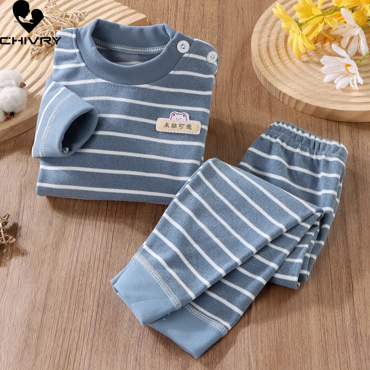 

New 2023 Kids Boys Girls Pajama Sets Striped Long Sleeve O-Neck T-Shirt with Pants Toddler Autumn Warm Sleepwear Clothing Sets