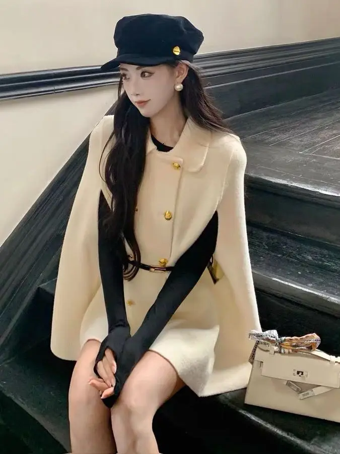 Wool Blend Coats Womens Woolen Coat Orange Winter Cashmere Notched Collar Sashes Elegant Mature French Style Office Lady Commute