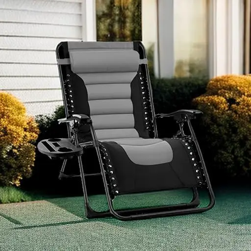 Oversized Padded Zero Gravity Chair, Folding Outdoor Patio Recliner, XL Anti Gravity Lounger for Backyard w/Headrest, Cup Holder, Side Tray, Polyester Mesh - Gray