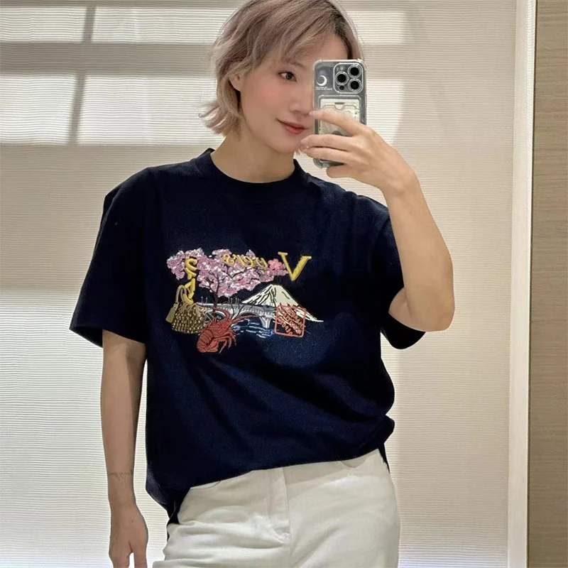 

2025Leisure camping snow mountain lobster embroidered round neck short sleeved T-shirt for men and women