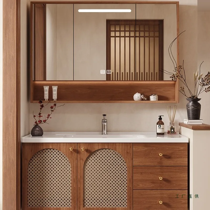 

2025 new medieval rattan bathroom cabinet combination ceramic integrated basin cream toilet hand wash washbasin cabinet