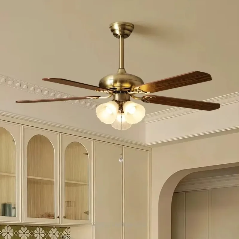 French Mid-Century Ceiling Fan for Dining, American Vintage High-End Living Fan Lamp, Wood Leaf Inverter Quiet Chandelier