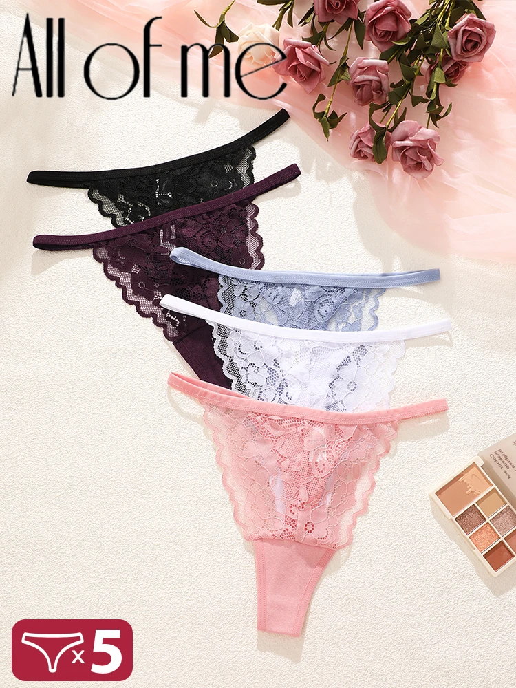 5PCS Lace Floral Underwear for Women Sexy Hollow Out Panties Solid Stretch Thong Female Perspective G-String Breathable Lingerie