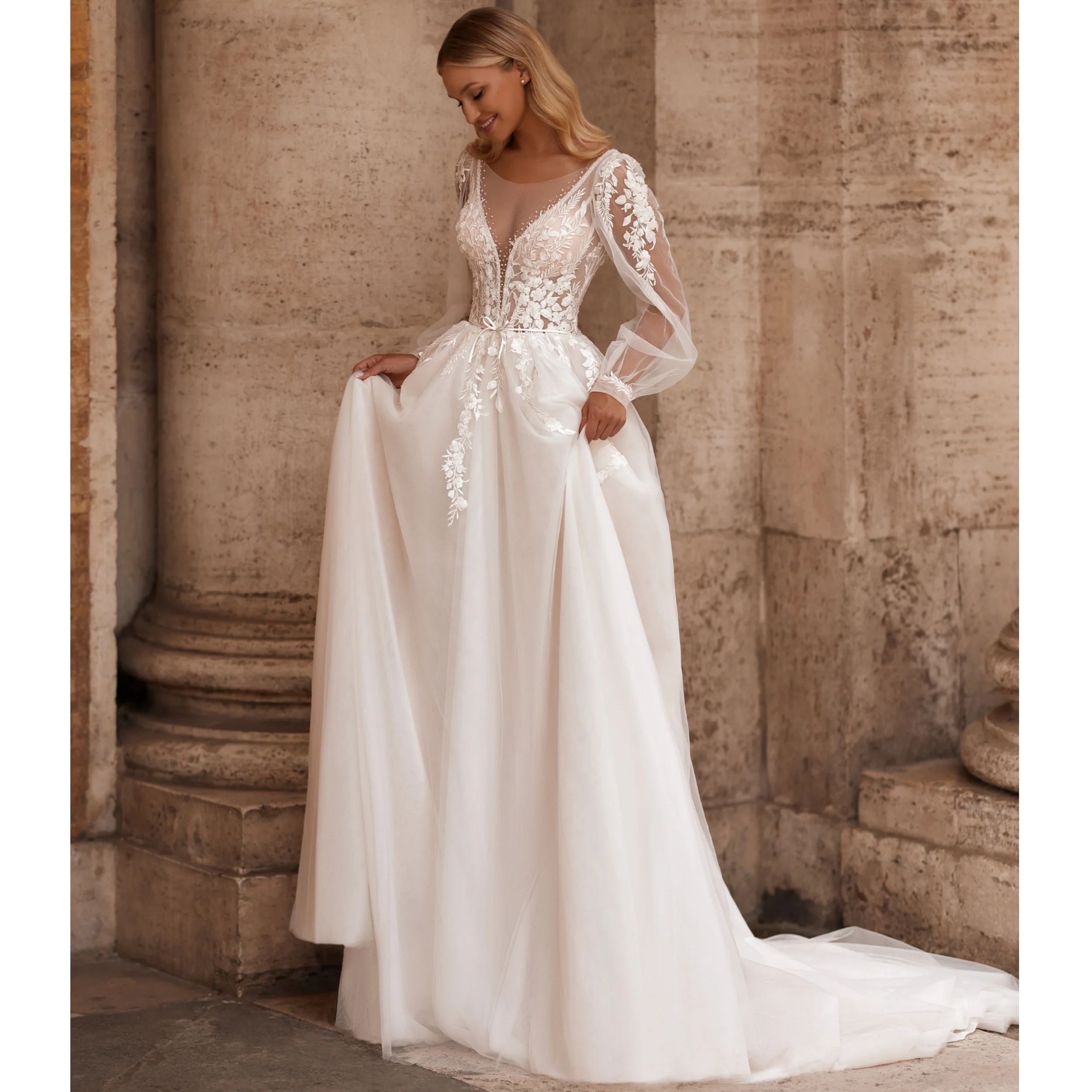 

Простые женские свадебные платья трапециевидной формы с v-образным вырезом и длинными рукавами Vestidos de Novia по индивидуальному заказу, пляжные кружевные халаты de Fiesta Elegantes