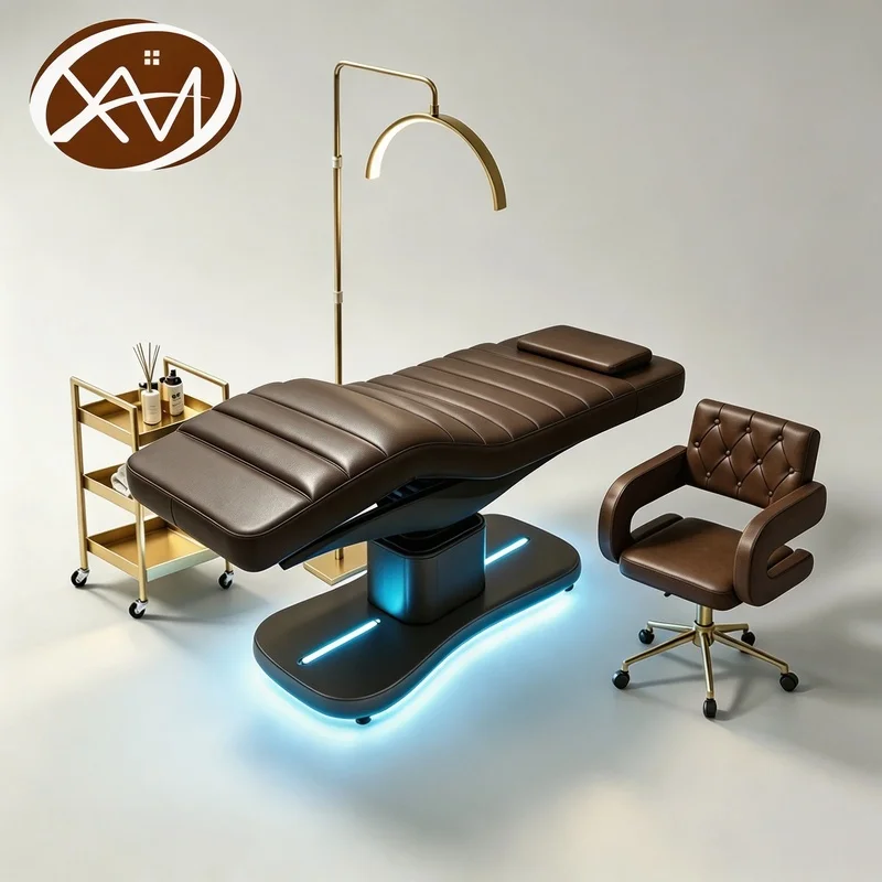 Brown Heating Electric Massage Table Luxury 3Motors Cosmetic Esthetician Massage Bed Spa Salon Lash Beauty Beds