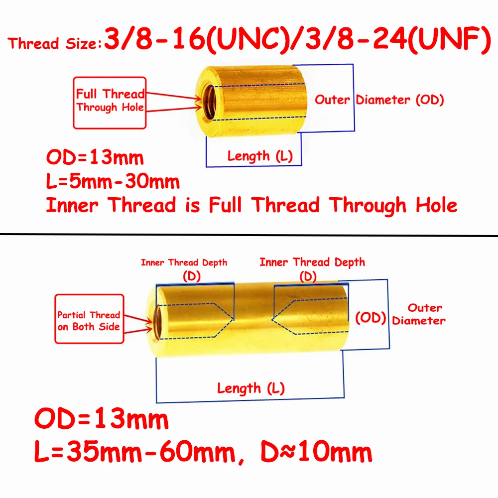 اقتران المكسرات 3/8-16 UNC 3/8-24 UNF النحاس تمديد طويل إطالة موصل دائري مشترك كم المكسرات النحاس المكسرات المستديرة