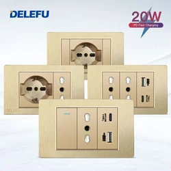 DELEFU Gold PC Brushed Italy Chile USB TypeC Fast Charging Socket Schuko Tuya Wifi Smart Switch Sat TV Tel Doorbell Curtain