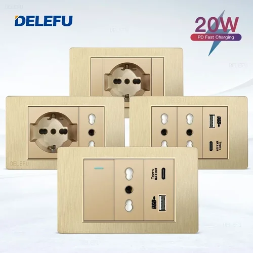 DELEFU oro PC cepillado Italia Chile USB TypeC enchufe de carga rápida Schuko Tuya Wifi interruptor inteligente Sat TV Tel timbre cortina