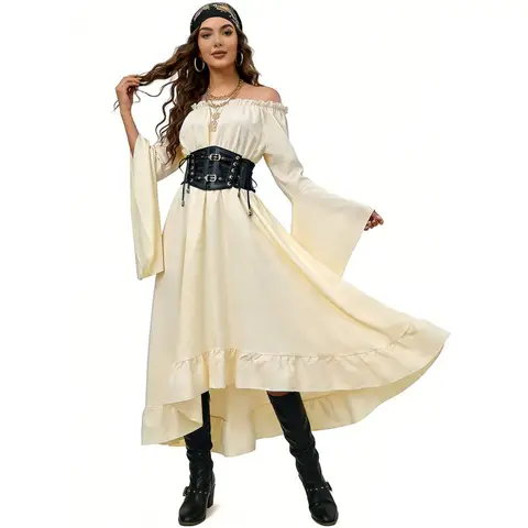 New Cosplay Pirate Medieval Costume Flared Sleeves Renaissance Long Dress Theme Party Role Playing Outfits for Adult Women
