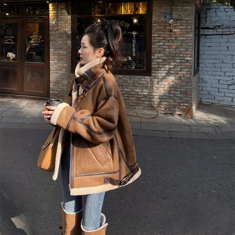 Winter Women's Fur Leather Jacket Long Sleeve Loose Warm Lamb Wool Vintage Thickened Locomotive Lapel Female PU Motorcycle Coat