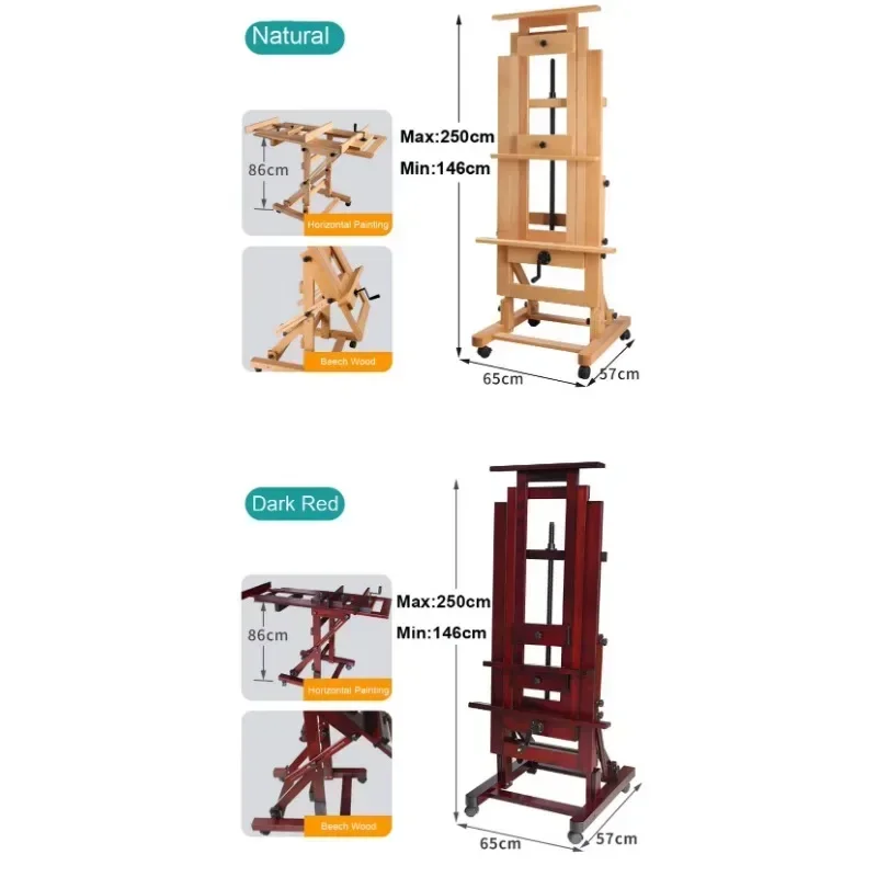 Extra Large Professional Artist Easel Heavy Duty Solid Beech H-Frame Movable And Tilted Flat Art Easel
