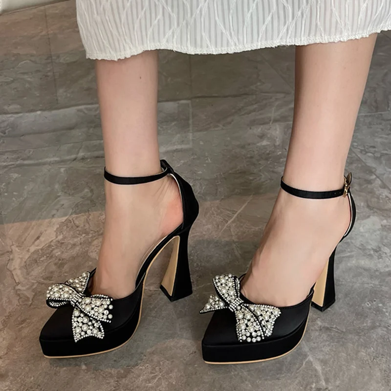 Liyke 2024 Spring Women Pumps Fashion Design White Pearl Bowknot High Heels Platform Sandals Pointed Toe Party Dress Shoes Lady