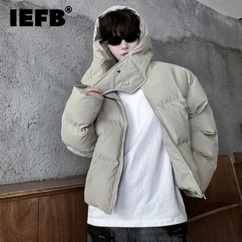 IEFB New Winter Men\'s Padded Coats Hooded PU Leather Zipper Casual Cotton Coats Solid Color Thickened Male Loose Tops 9C8410