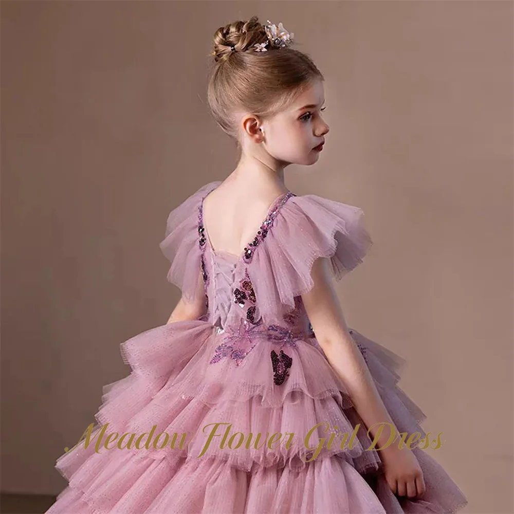 Meadow Dusty Purple Tutu Fluffy Prom Gown V Neck A Line Elegant Kids Girl Birthday Party Dress Layered Tulle Flower Girl Gown