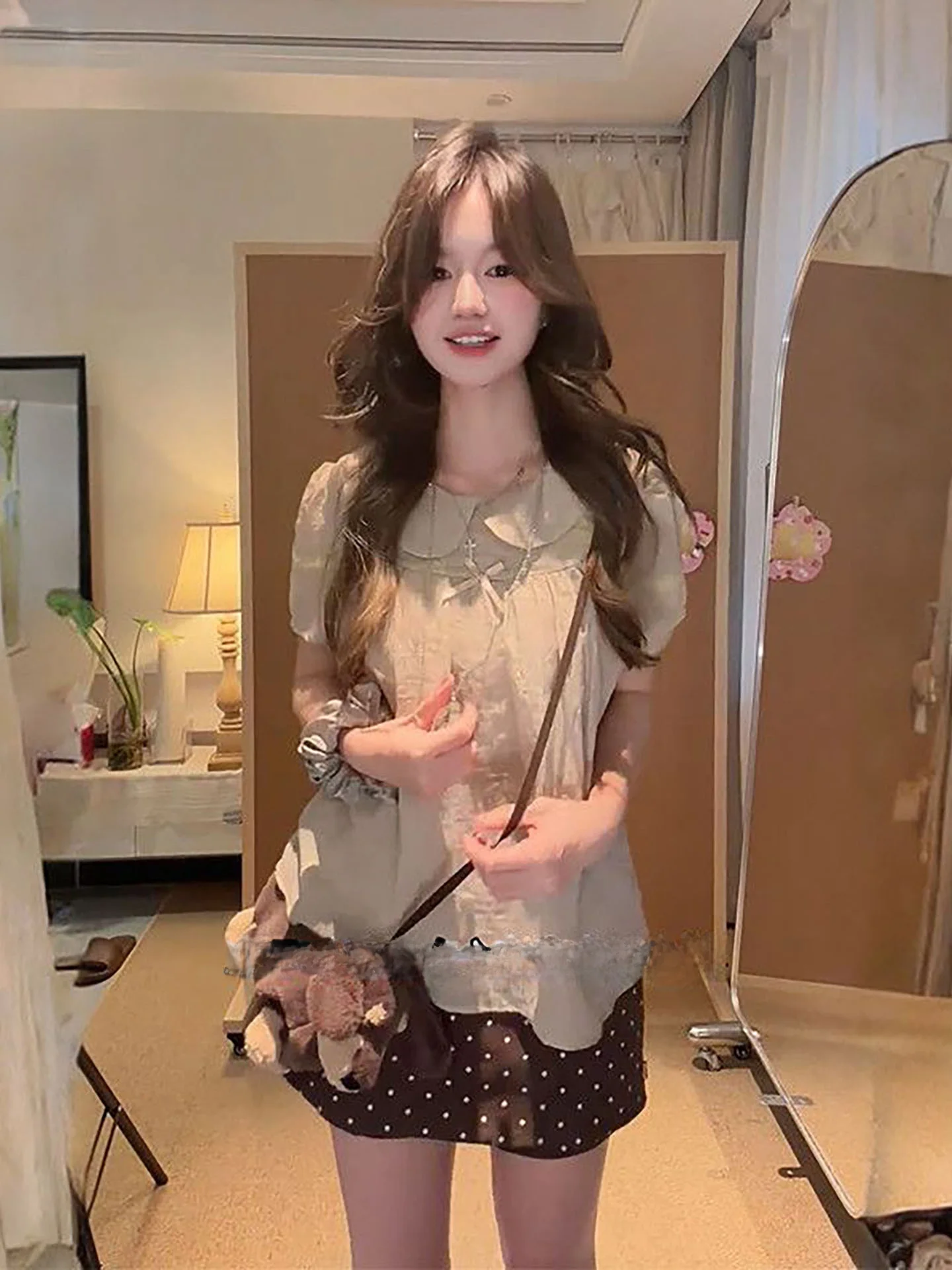 

Summer Gentle Retro Design Doll Collar Short Sleeve Top And Polka Dot Skirt Two Piece Set Women's Fashion Casual Outfit