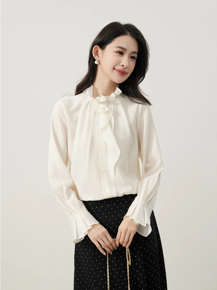 

Romantic Ruffle Sve Silk Smooth Vintage Women's irt Drapey Spring Faion Straight Tube Polyester Fiber Long Sve