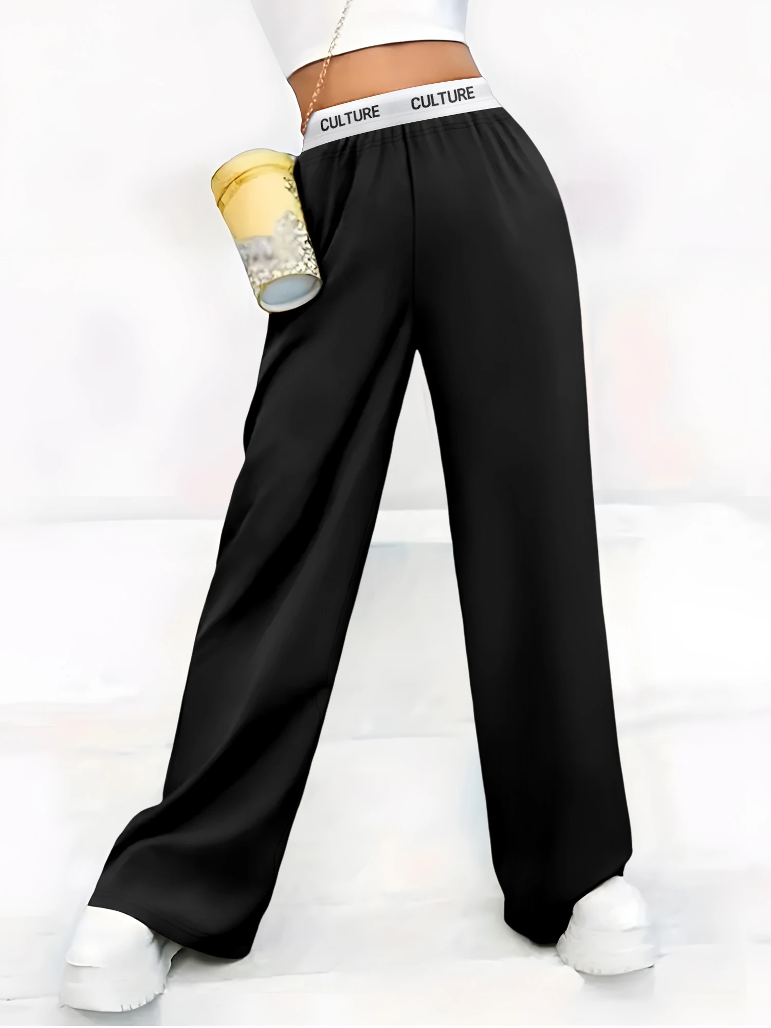 المرأة عالية الخصر واسعة الساق Sweatpants 4 ألوان فضفاضة تناسب "الثقافة" حزام الخصر بناطيل كاجوال #1