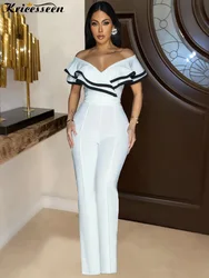 Kricesseen Elegant White Ruffles Women's Jumpsuit Female Overalls One Piece Outfits Chic Wide Legs Long Pants Jumpsuits Rompers