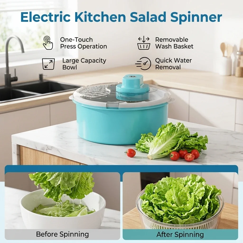 Professional Salad Spinner Food Grade Material for Home Kitchen Electric Vegetable Dryer Washer Draining Bowl Durable Tool
