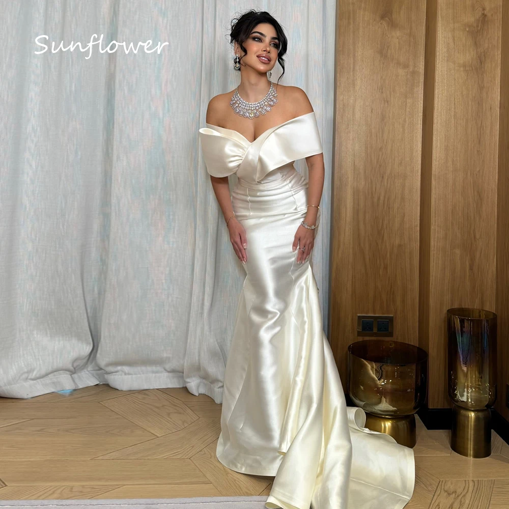 

Sunflower Simple Ivory Off The Shoulder Satin Prom dress 2024 Slim Backless Short Sleeve Floor-Length Evening Dress Party Dress