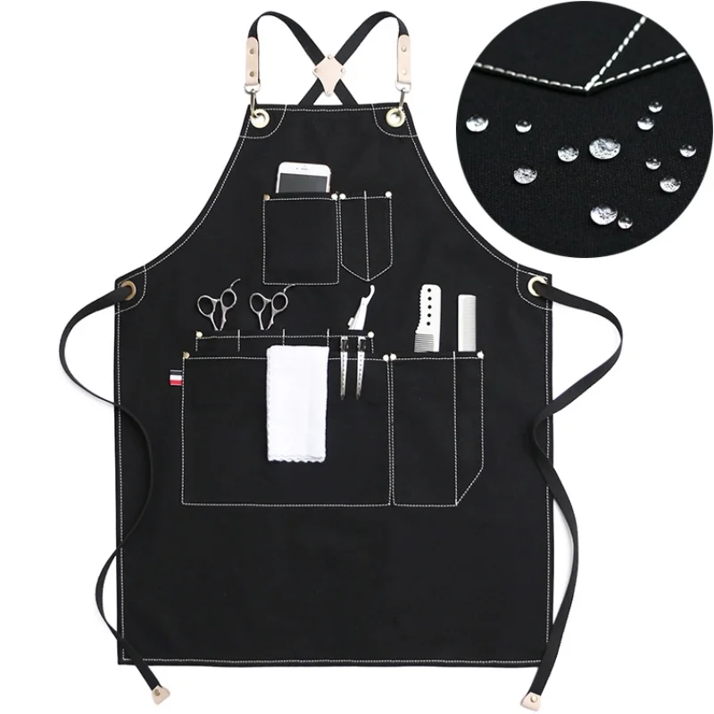 

Canvas Apron Waterproof Cotton Barber Roast Coffee Milk Tea Shop Tool Multi Pocket Detachable Strap Apron