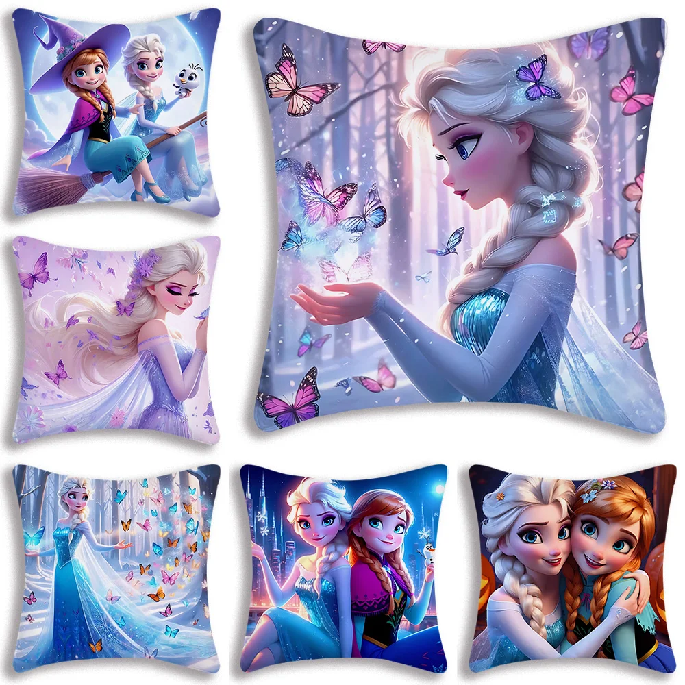 Fundas de almohada Kawaii Queen Frozen Princess Elsa, funda de cojín de felpa corta con estampado de doble cara para sofá de dibujos animados para el hogar