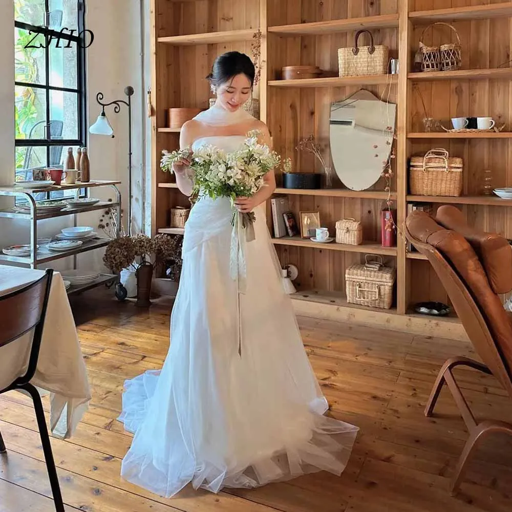 

ZHIO Strapless A Line Wedding Dress Detachable Shawl Custom Soft Tulle Korean Style Elegant Bridal Gown Photoshoot Simple Design