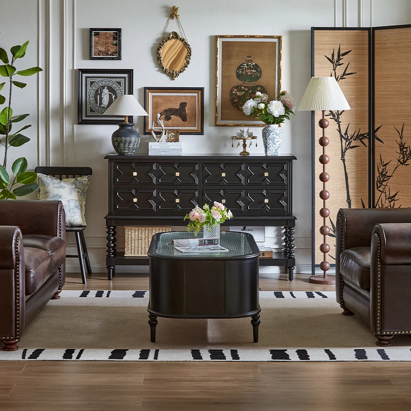 French black solid wood porch cabinet, retro living room aisle, antique chest cabinet, partition cabinet, screen against