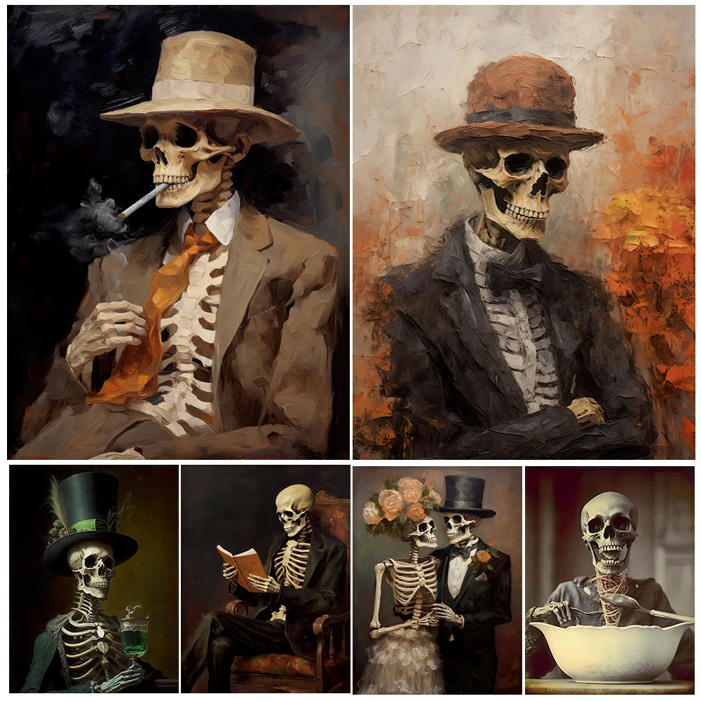 

Skeleton Reader And Skeleton Drinker Abstract Wall Art Canvas Painting Macabre Surrealism Witch Art Poster Print Room Decoration