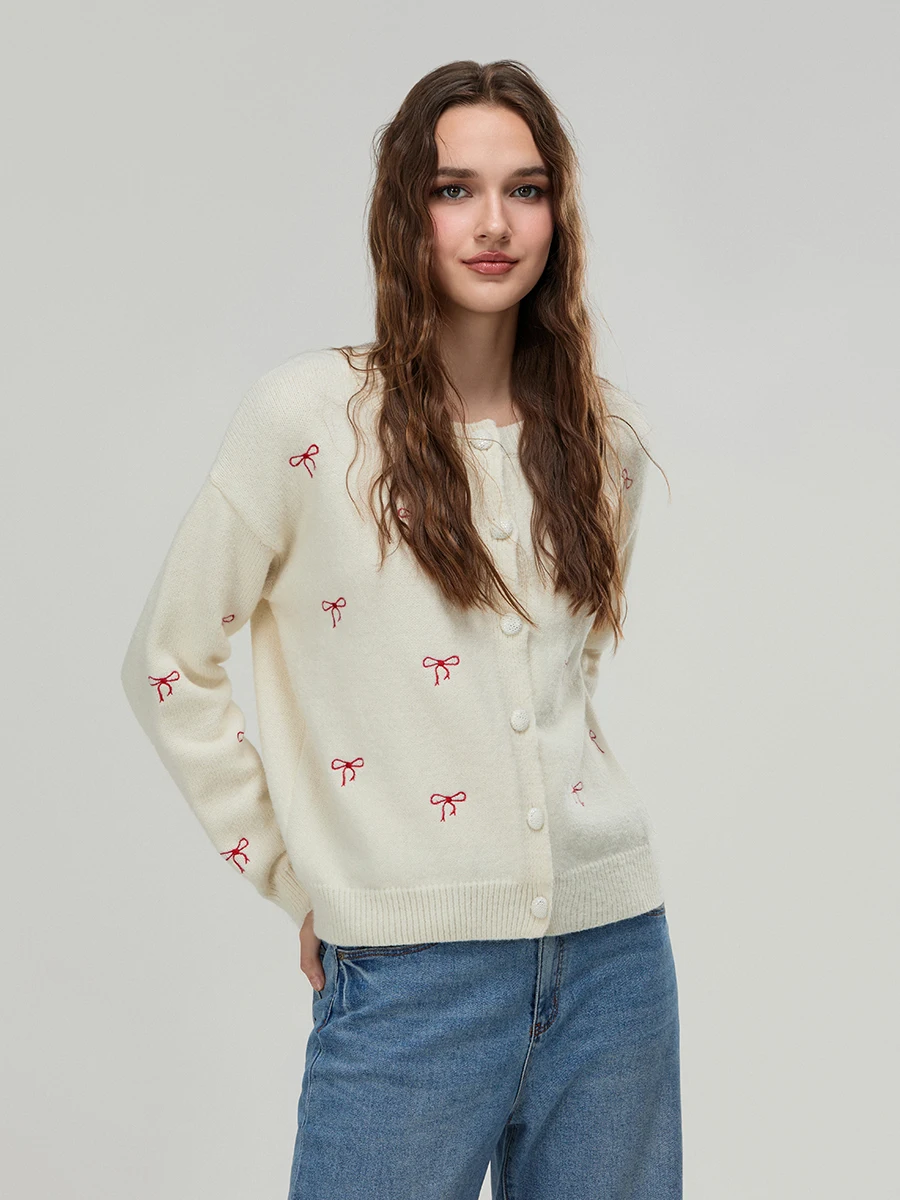 Womens Bow Embroidery Cardigan Crew Neck Button Down Long Sleeve Knit Sweater Casual Streetwear