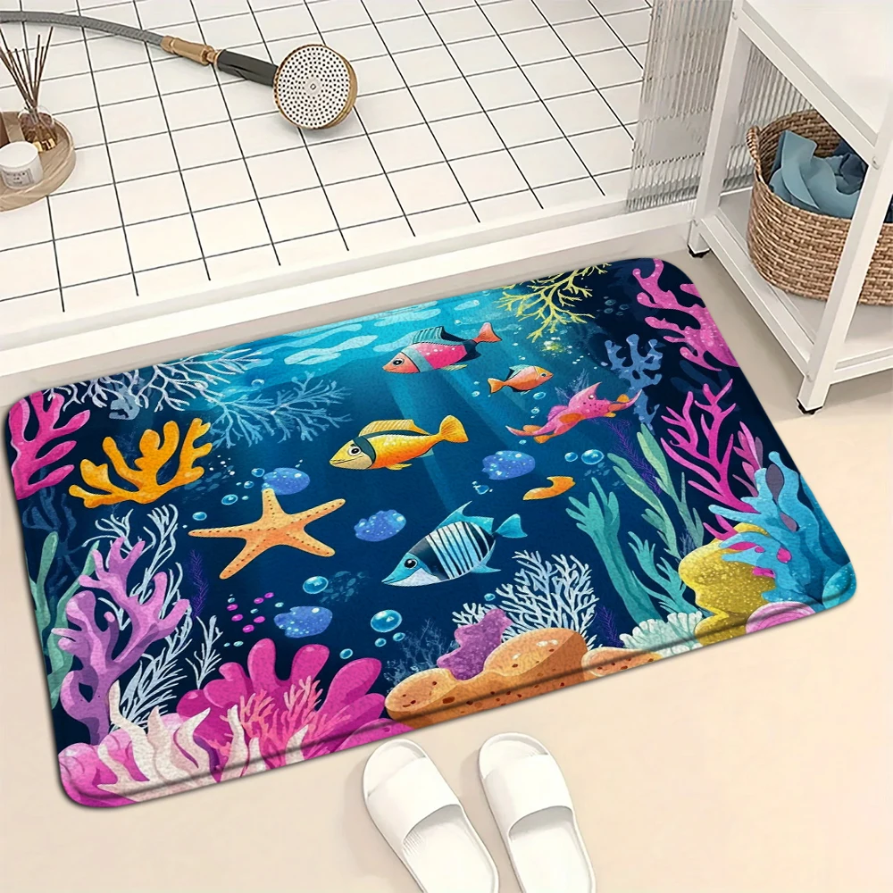 Ocean, Dolphin, Turtle ,Underwater World Theme Bathroom Anti Slip Floor Mat Shower Room Carpet Washbasin Absorbent Foot Mat