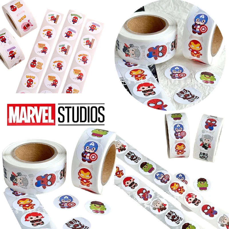 500pcs/roll Marvel Spiderman Sealing Stickers Cartoon Comics Avengers Sticker Children Pupil Reward Stationery Label Toys Gifts