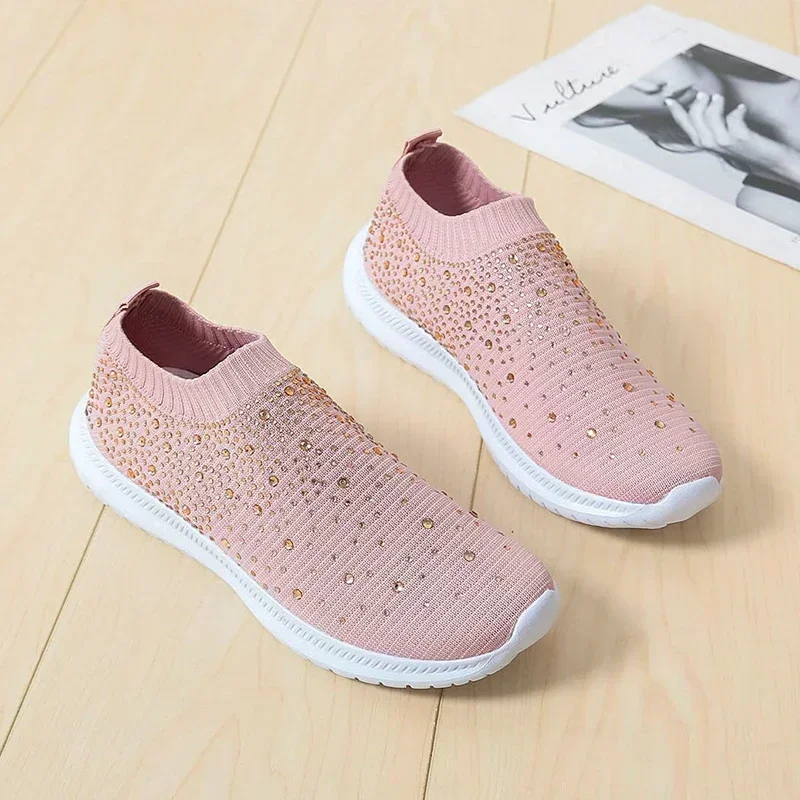 Women's Mesh Walking Shoes Rhinestone Glitter Slip on Ballroom Jazz Latin Dance Sock Sneakers Tennis Female Knitted Running Shoe