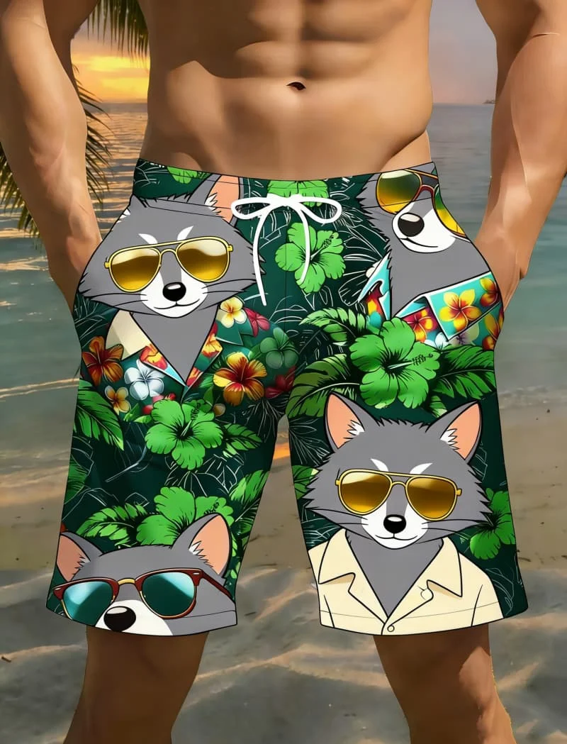 

Men's Trendy Stylish Hawaiian Animal Print Casual Shorts - Summer Hip Hop Beach Shorts For Daily Holiday Wear