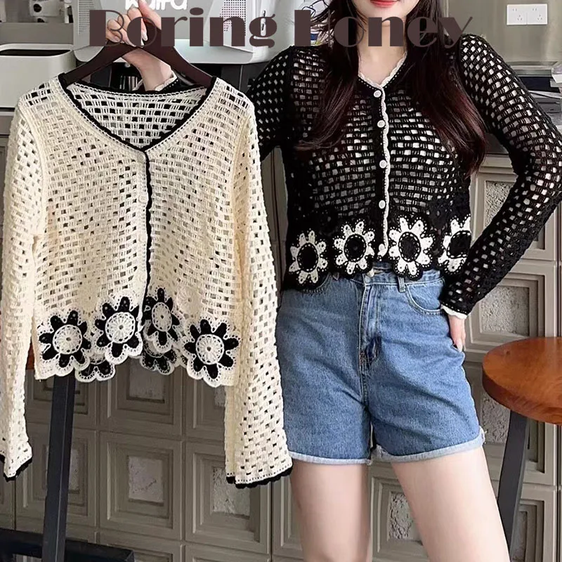 

Boring Honey New Autumn Explosions Hollow Crocheted Flower Sweater Fashion Long-Sleeved Cardigan Shirt V-Neck Retro T-Shirt Wome