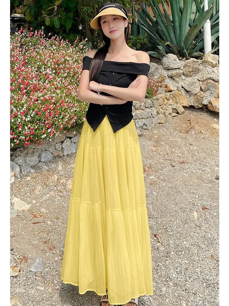 

French Fashion Women Solid Elegant Pleated Skirt Spring Summer High Waist Vacation Party Long Skirt Streetwear Simplicity Trendy