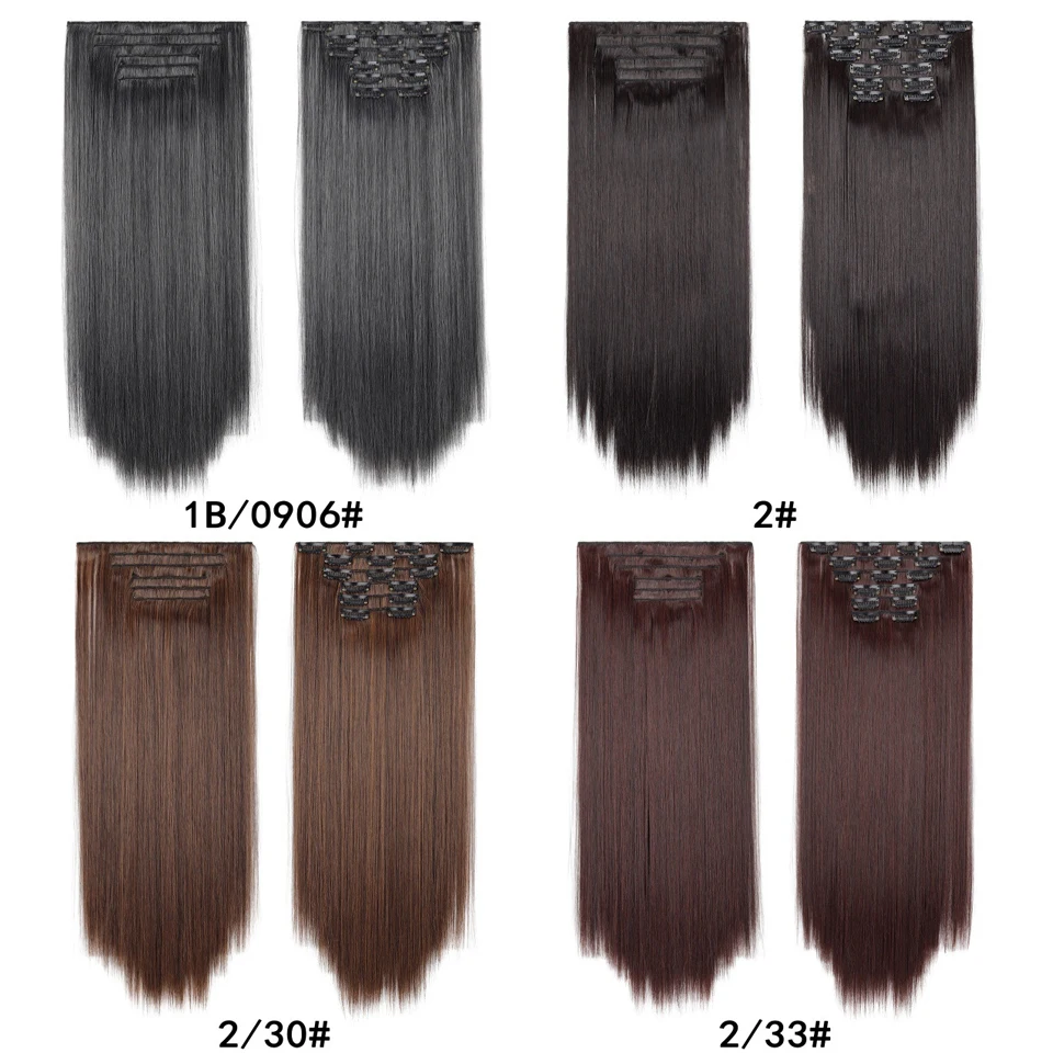 Black Brown Gold Hair Extension Clips Long Straight Thick Synthetic Hairpiece For Women