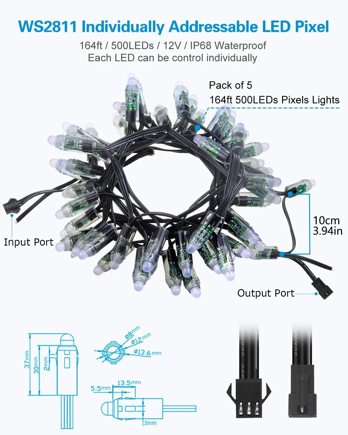 DC 12V 12mm Diffused Digital RGB LED Pixel Lights, Individually Addressable Round Bullet Pixels, 500-Pack, IP68 Decor