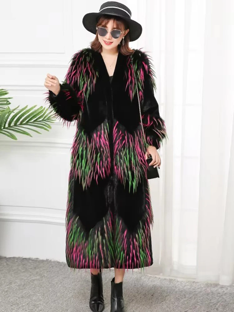 Mauroicardi Spring Winter Colorful Long Fluffy Patchwork Faux Fur Coat Women with Deep V Neck  Luxury Designer Emo Clothes 2024