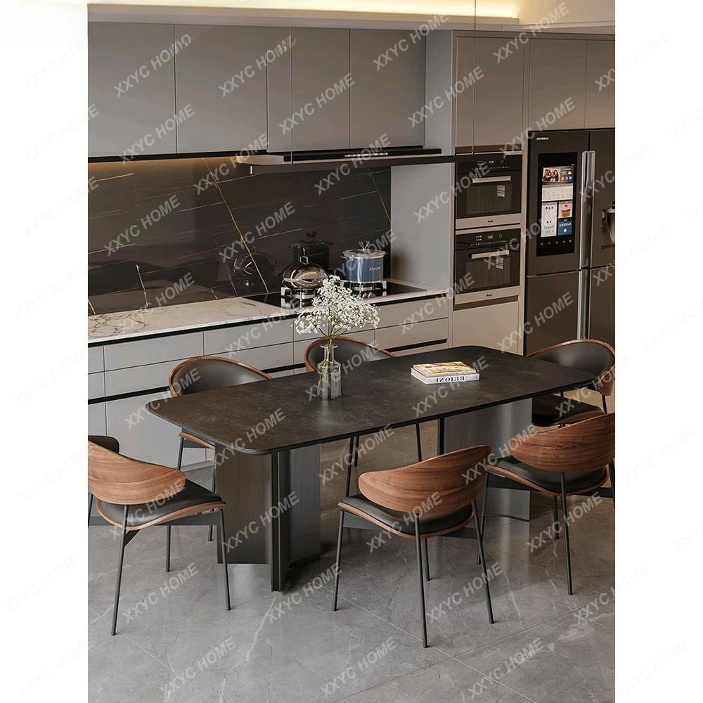 DD Retro wabi sandy wind solid wood simple modern rectangular rock slab dining table